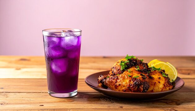Peruvian pollo a la brasa with chicha morada wooden table summer natural light