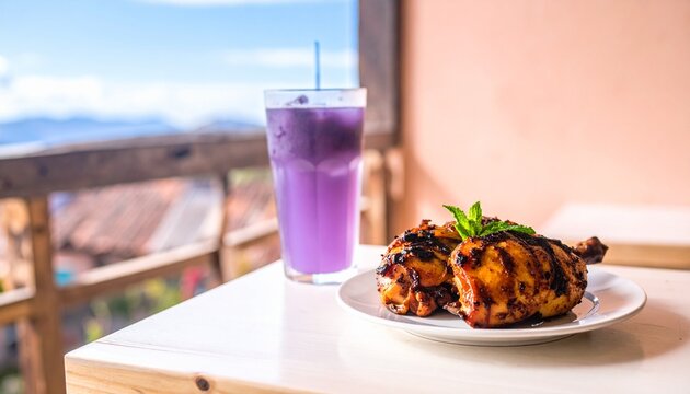 Peruvian pollo a la brasa with chicha morada wooden table summer natural light