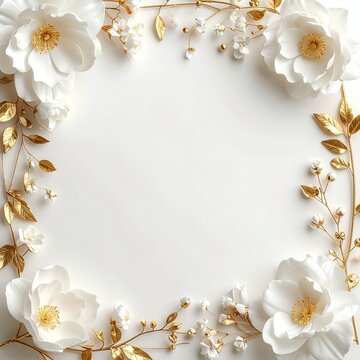 Gold accents white flowers border frame ivory background copy space luxury wedding