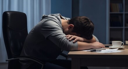 Obraz premium A man sits at a desk, exhausted and stressed, with his head resting on his arms in a dark room.