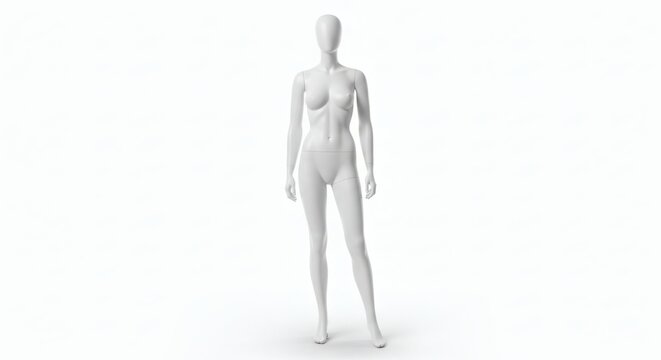 A white female mannequin stands alone in a plain background