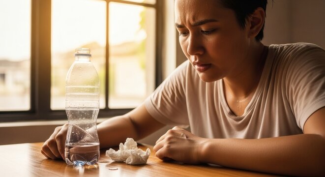 A young man sits at a table with a bottle of water and crumpled up paper looking stressed