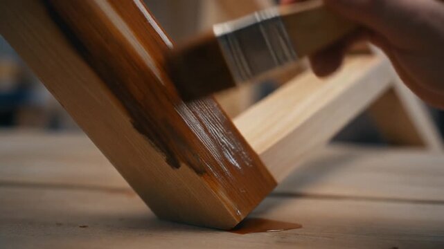 Applying wood stain with brush on wooden furniture detail