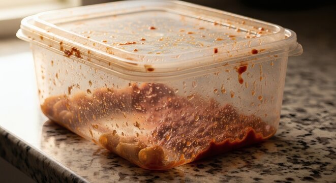 A used plastic container with leftover food on a granite countertop