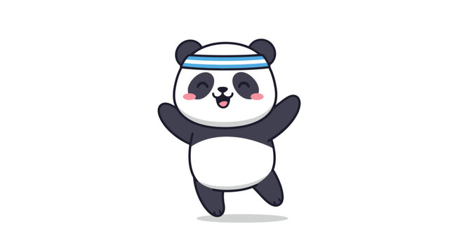 Cartoon panda wearing sports headband happily.