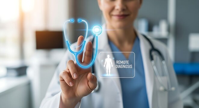 Remote diagnostics concept. A healthcare professional's hands interact with a holographic stethoscope, placing it over a patient icon for a remote diagnosis.