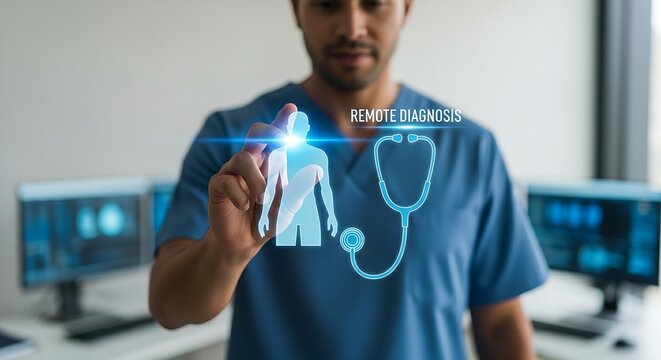 Remote diagnostics concept. A healthcare professional's hands interact with a holographic stethoscope, placing it over a patient icon for a remote diagnosis.