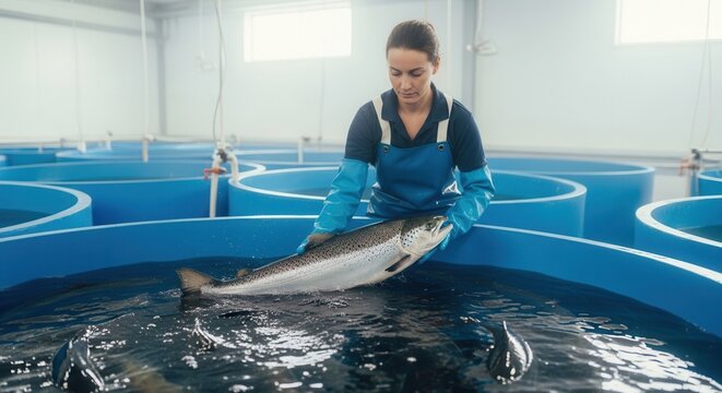 Woman holding salmon fish in aquaculture farm