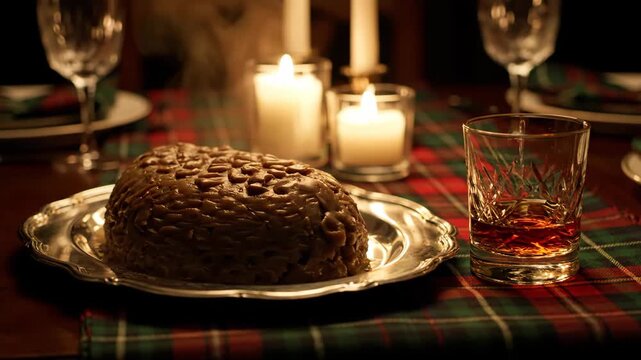 Steaming haggis on a silver platter for a traditional dinner celebration with whiskey glass and lit candles