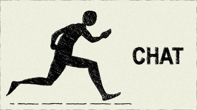 Hand-Drawn Running Figure with Chat Text  Communication Concept