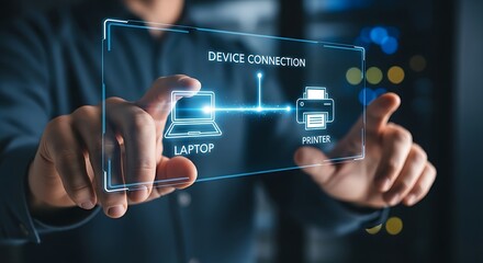 Obraz premium Device connection concept. An IT professional's hands connect a laptop icon to a printer icon on a holographic network, establishing a device connection.