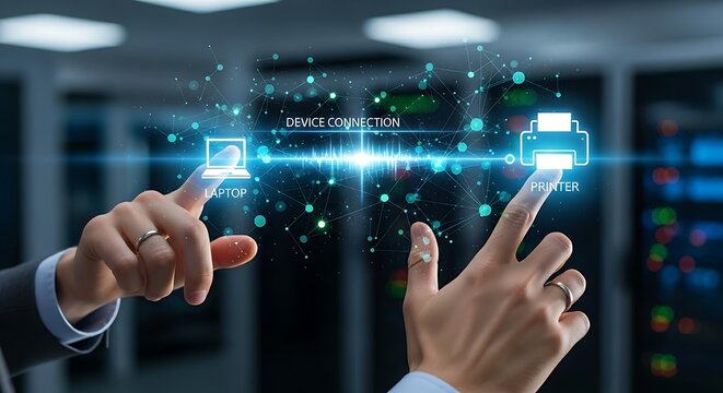 Device connection concept. An IT professional's hands connect a laptop icon to a printer icon on a holographic network, establishing a device connection.