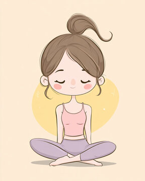 A cheerful cartoon girl with simple, rounded shapes and soft, pastel colors in a Lotus Pose. Her face shows a calm, smiling expression with closed eyes and small rosy cheeks.