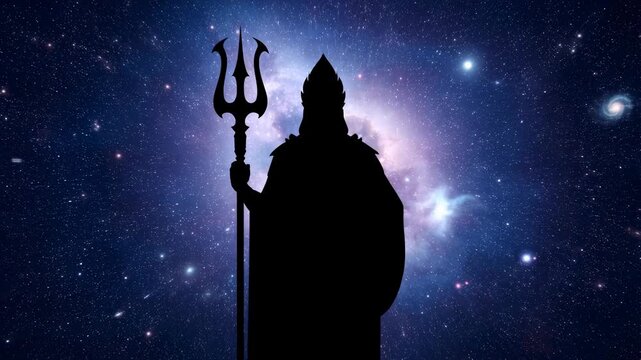 Silhouette of a powerful figure holding a trident against a cosmic background. Represents mythology, authority, and the mysteries of the universe
