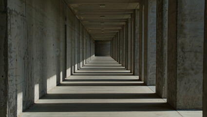 Fototapeta premium Abstract Concrete Hallway with Repetitive Pillars and Strong Shadows