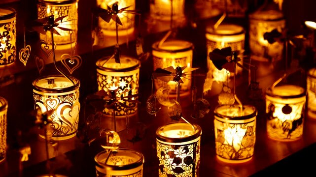Decorative christmas candle holders spinning in the dark. Warm golden light from burning candles illuminates decorative holders with intricate patterns, creating a magical and romantic atmosphere