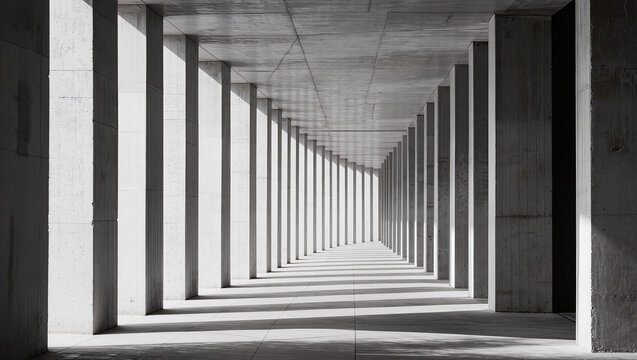Abstract Concrete Tunnel with Repeating Pillars and Light Rays