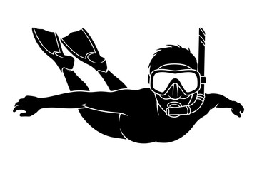 Black Vector Illustration of a Person Snorkeling Underwater with Mask and Fins © Avijit