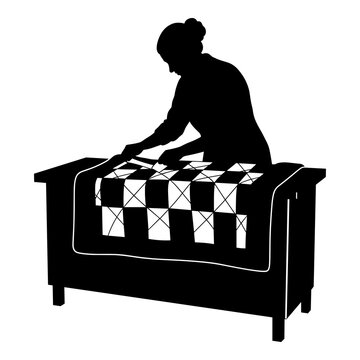 Black silhouette vector illustration of woman hand quilting a checkered design