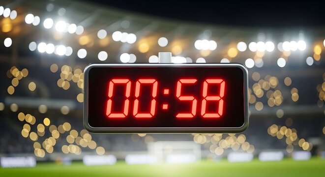 Sports stadium scoreboard showing 00:58 time remaining, night game