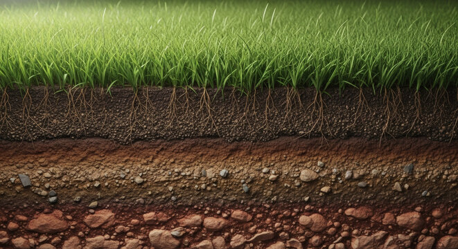 Detailed cross section revealing healthy vibrant green grass blades growing above distinct layered soil strata showing intricate root systems and varying rock composition underneath the surface.