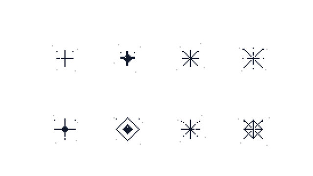 Pixel sparkle symbols vector set with eight micro cross and star icons in noisy retro style, ideal for cyber interfaces, UI overlays, digital dashboards, and futuristic design systems.
