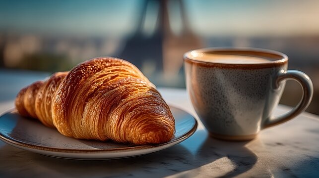 Golden croissant and caf au lait in morning Paris light