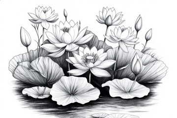 Water lilies drawn in pencil. Sketch.