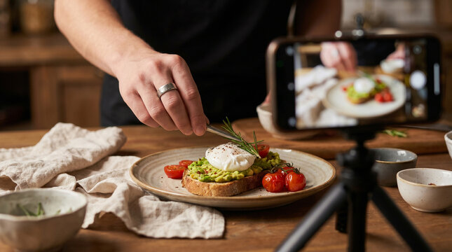 Food blogger recording video of avocado toast preparation
