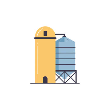 Modern Farm Silo Buildings, Agricultural Storage, Flat Design Illustration