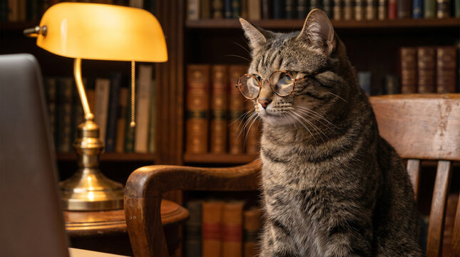 Smart tabby cat wearing glasses looking at laptop