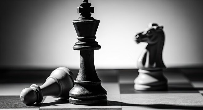 Black King standing tall on a wooden board while a knight waits nearby after a fallen pawn has been defeated in this strategic match showing the intense leadership and competition of human