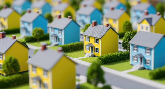 A view of suburban housing developments featuring small colored residential structures arranged in rows representing a planned community neighborhood built for growing families seeking new
