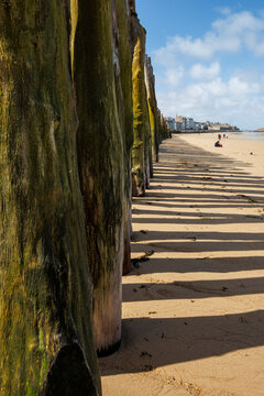 Les brise-lames en bois sur la Grande Plage du Sillon, &agrave; Saint-Malo