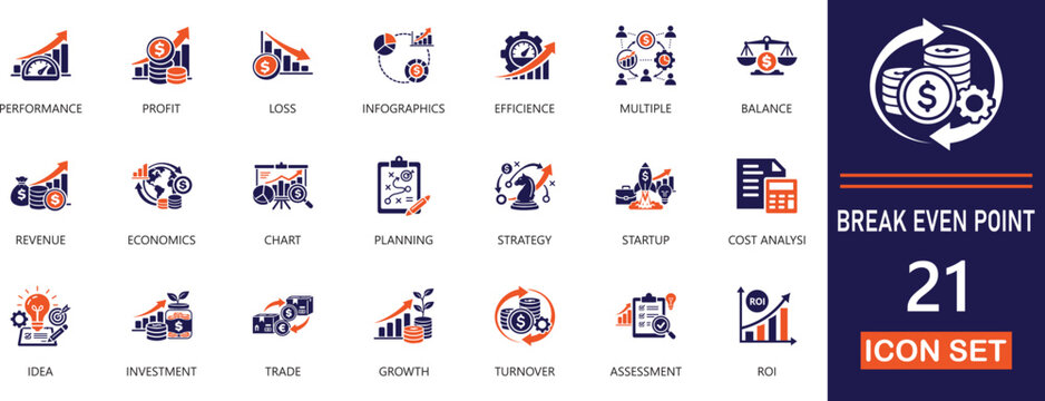 Vector icons for break even point analysis, financial balance, profit loss charts, and business sustainability. Ideal for ROI presentations.
