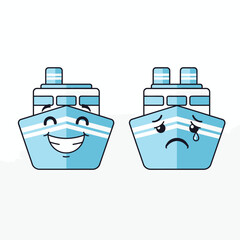 Naklejka premium Two Blue Cartoon Boat Faces Emotions.