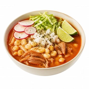 Mexikanische Pozole freistehend auf wei&szlig;em Hintergrund
Traditionelle mexikanische Suppe mit Hominy, Fleisch, Rettich, Salat und Limette, isoliert auf wei&szlig;