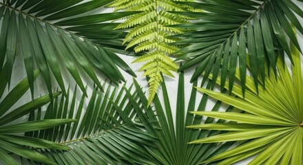 Fototapeta premium Fresh vibrant tropical foliage arrangement featuring lush green palm fronds and layered fern leaves creating a wild natural organic display representing the serene beauty of a sunny summer