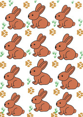 Obraz premium Hand drawn bunny with green grass and animal footprintsseamless pattern with rabbits