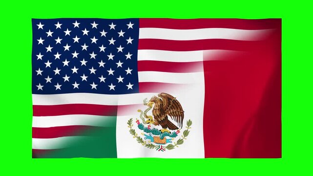 USA and Mexico Flag Waving Animation Green Screen Chroma Key 4K Loop