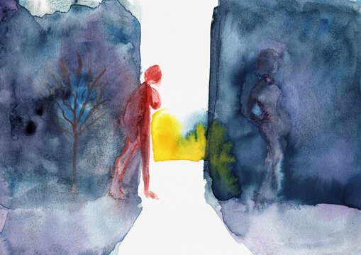 Emotional Passage Between Darkness and Light, Abstract Human Figure Crossing Threshold, Spiritual Concept Art, hand painted watercolor