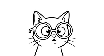 Fototapeta premium Curious Cartoon Cat Wearing Large Round Glasses Looking Thoughtfully on an Isolated White Background