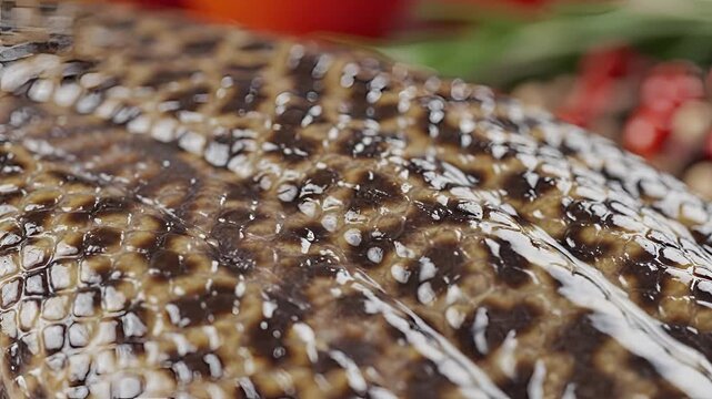 Closeup of a whole raw fish with intricate scale pattern being prepared for cooking.