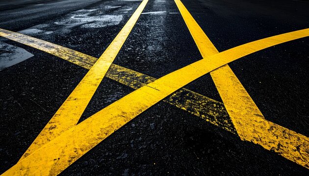 Abstract yellow road markings on dark asphalt surface, creating a star shape.