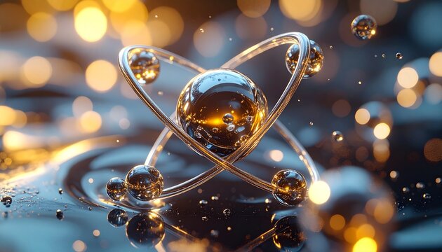 Detailed 3D rendering of an atom with orbiting electrons and bokeh lights.