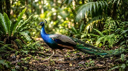 Obraz premium Majestic male peacocks walking through a lush tropical green forest