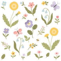 Fototapeta premium Spring wildflower clipart set with bees and butterflies