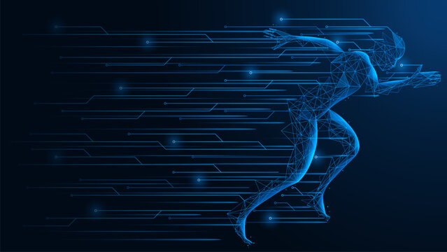 Digital high-speed traffic. A silhouette of a running man formed from glowing lines and paths of a printed circuit board. The concept of digital transformation and technological progress.