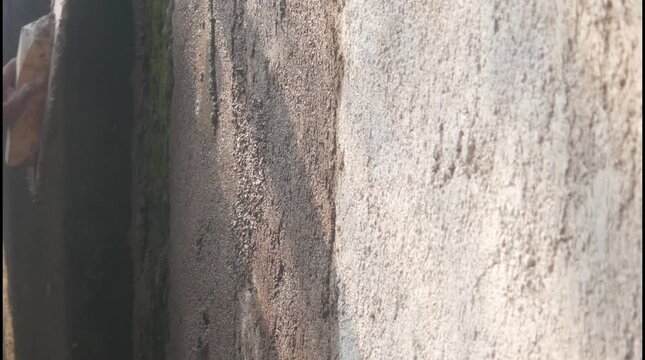 A construction worker is plastering a wall using a cement trowel on a house wall.