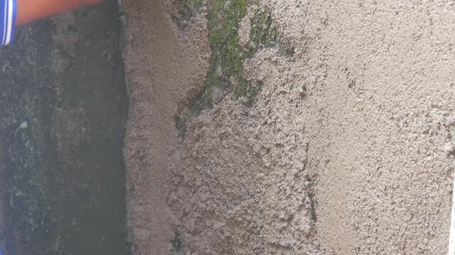 A construction worker is plastering a wall using a cement trowel on a house wall.